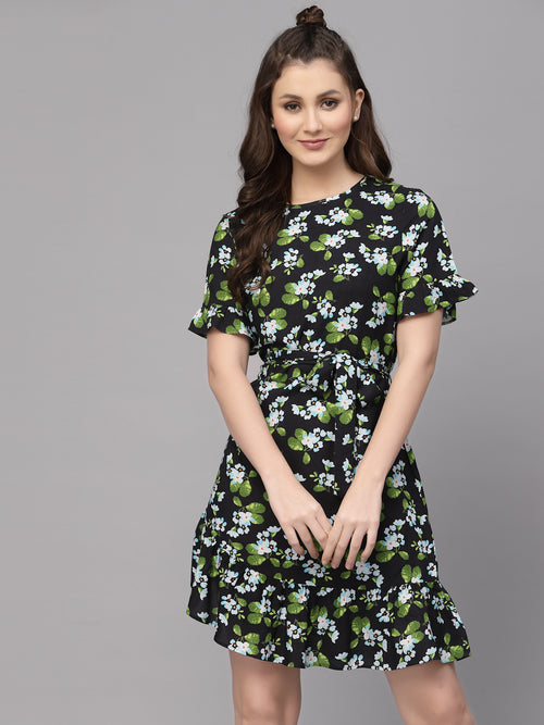 Valbone Women's Western Wear Green Floral Printed Viscose Dress Half Sleeves