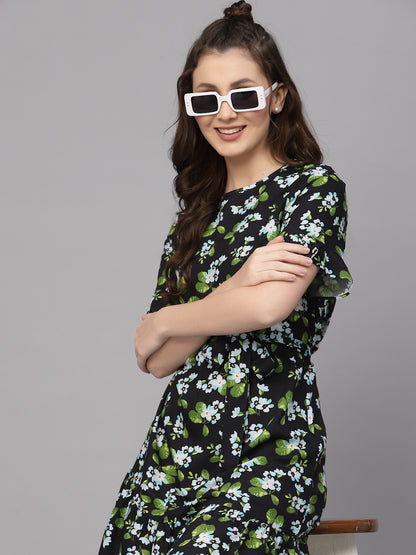 Valbone Women's Western Wear Green Floral Printed Viscose Dress Half Sleeves