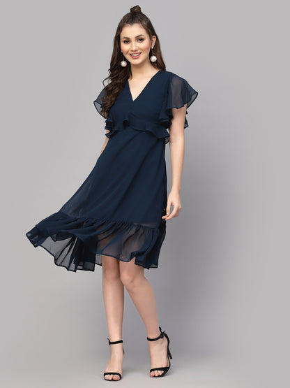 Valbone Women’s Blue Georgette Solid  Dress