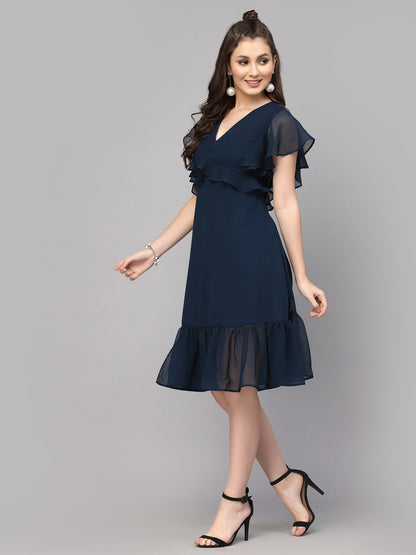 Valbone Women’s Blue Georgette Solid  Dress