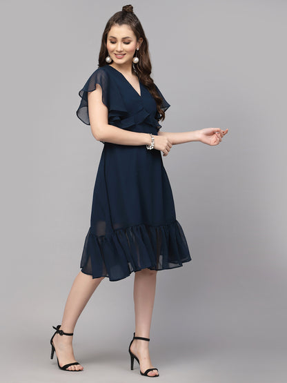 Valbone Women’s Blue Georgette Solid  Dress