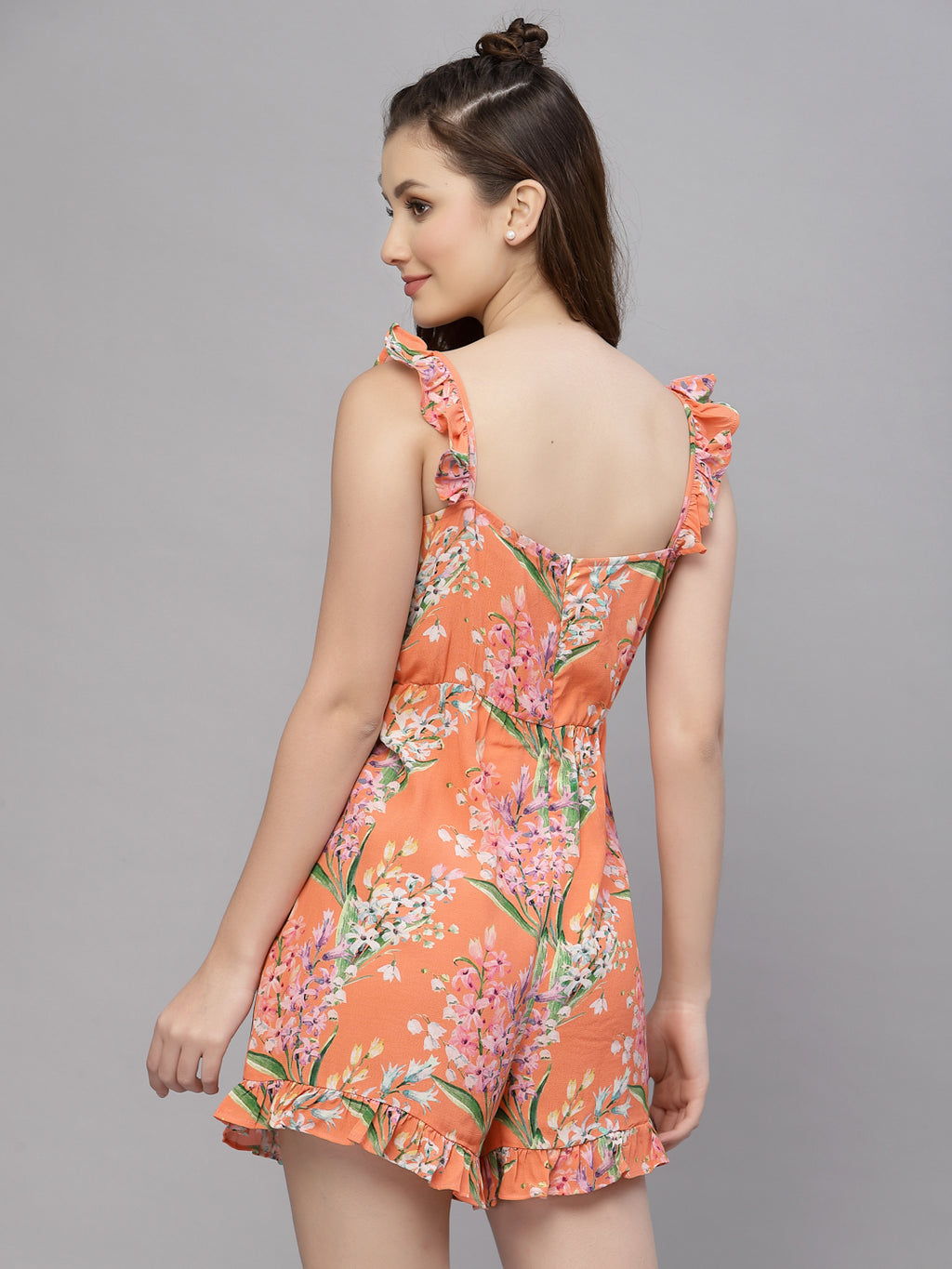 Valbone Women's Orange Floral Viscose Printed Sleeveless Shorts Jumpsuit