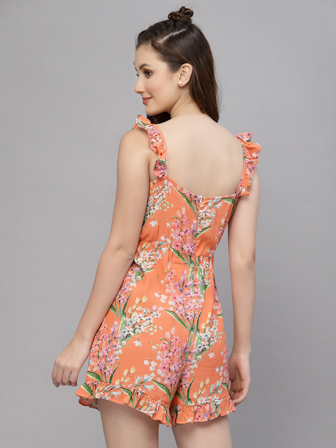 Valbone Women's Orange Floral Viscose Printed Sleeveless Shorts Jumpsuit