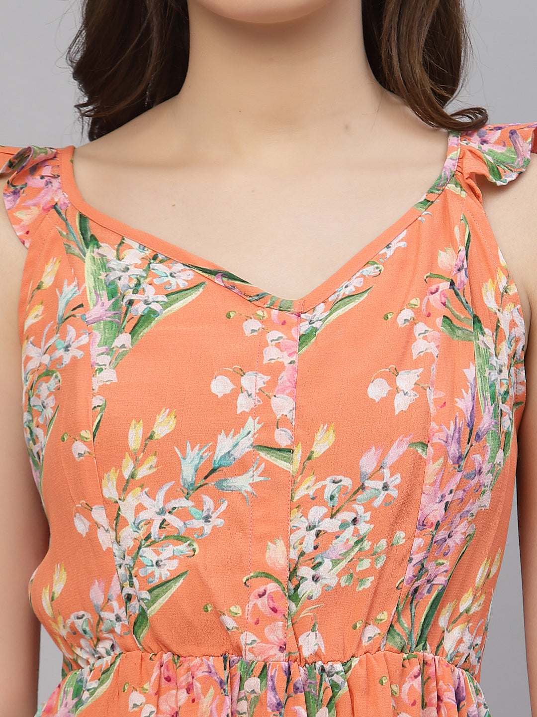 Valbone Women's Orange Floral Viscose Printed Sleeveless Shorts Jumpsuit