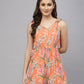 Valbone Women's Orange Floral Viscose Printed Sleeveless Shorts Jumpsuit