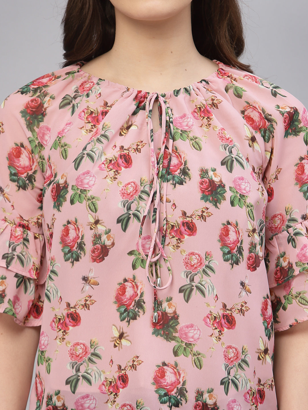 Valbone Women's Georgette Light Pink Floral Print Tie Neck Top Half-Sleeves