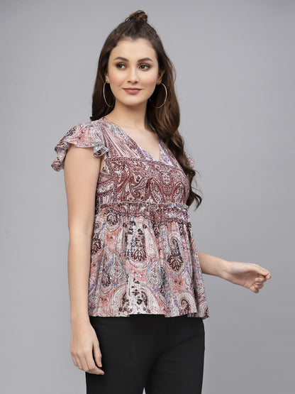 Valbone Women’s Brown Georgette Print Top Short Sleeves