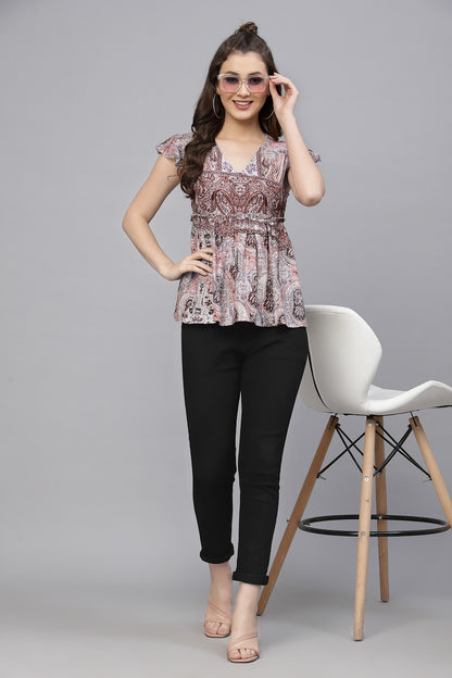 Valbone Women’s Brown Georgette Print Top Short Sleeves