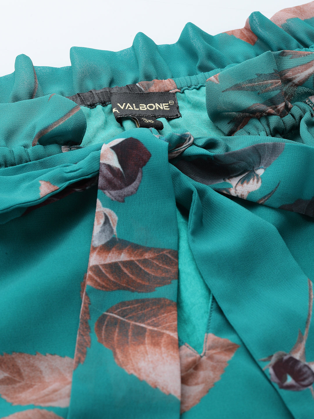 Valbone Women's Green Floral Georgette Regular Fit Casual Fit Printed Tie Neck Top