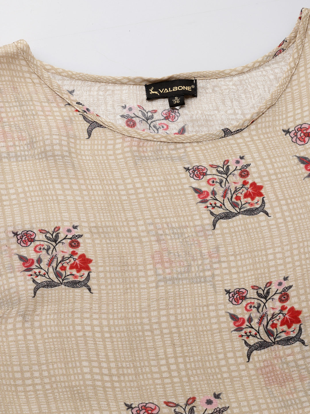Valbone Women's Beige Floral Georgette Printed Top Flounce Sleeves