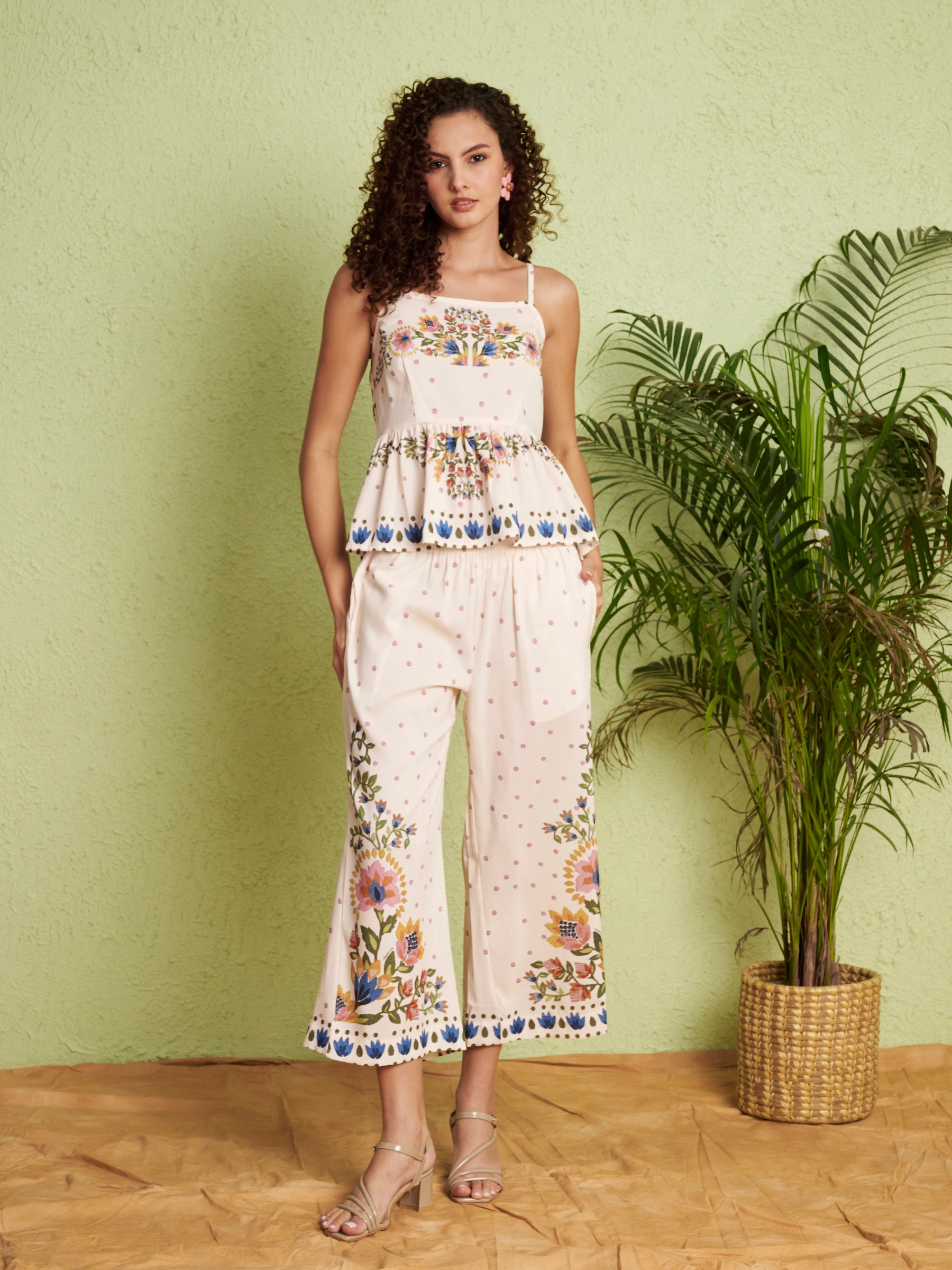 White Rose Floral Peplum Top & Wide-Leg Pants Co-Ord Set