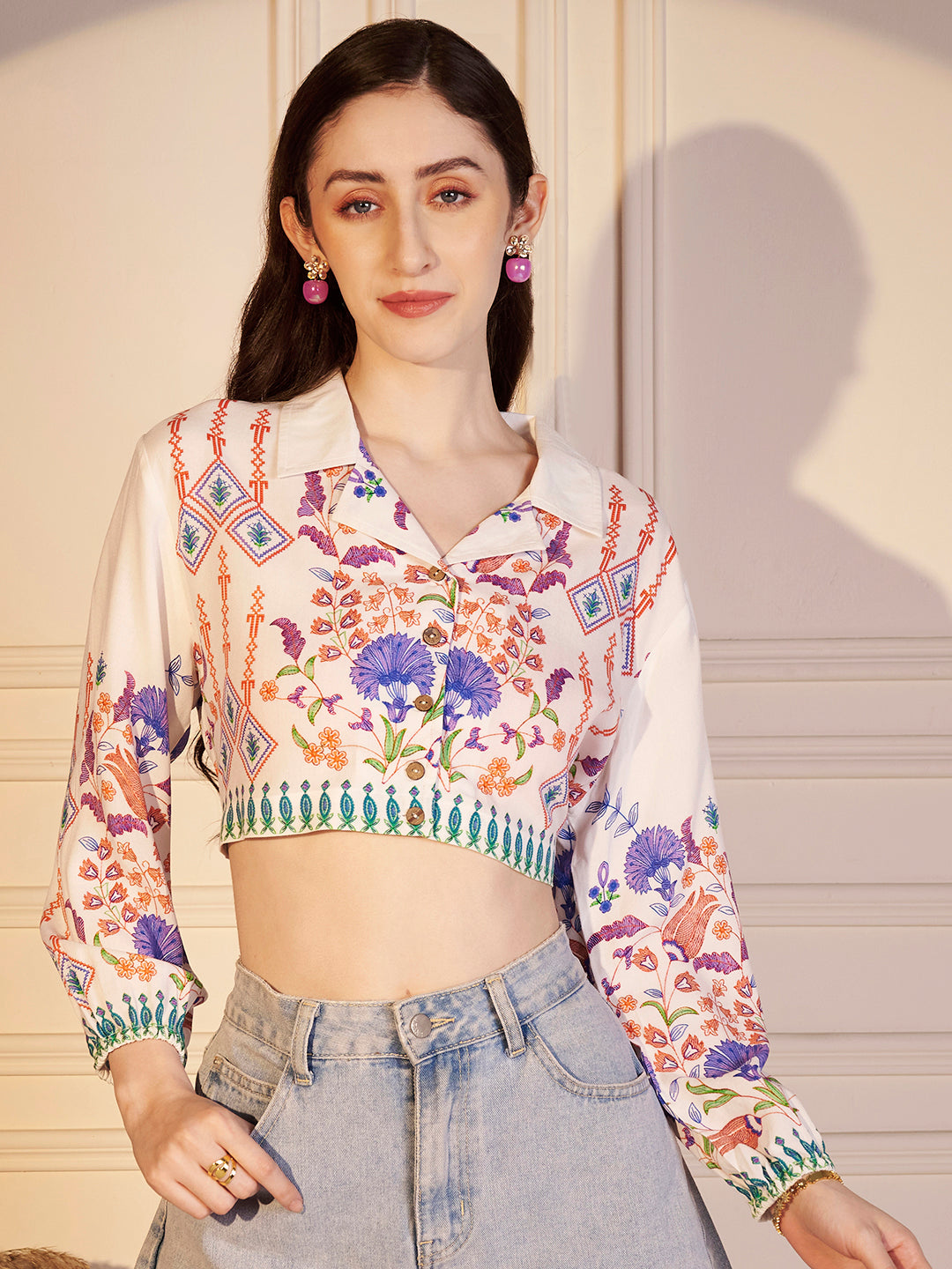 🌸 Floral Heritage Printed Viscose Crop Shirt