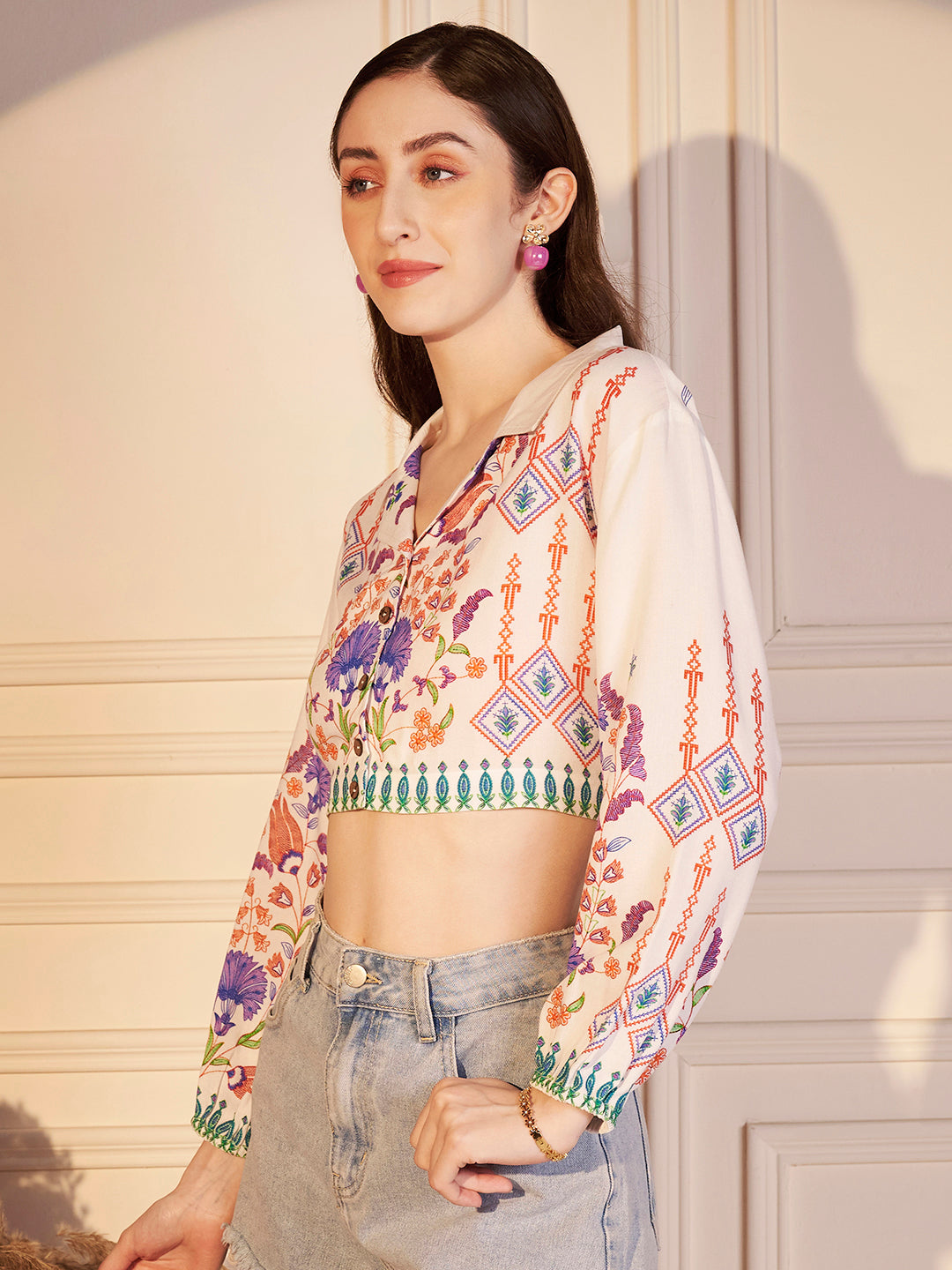 🌸 Floral Heritage Printed Viscose Crop Shirt