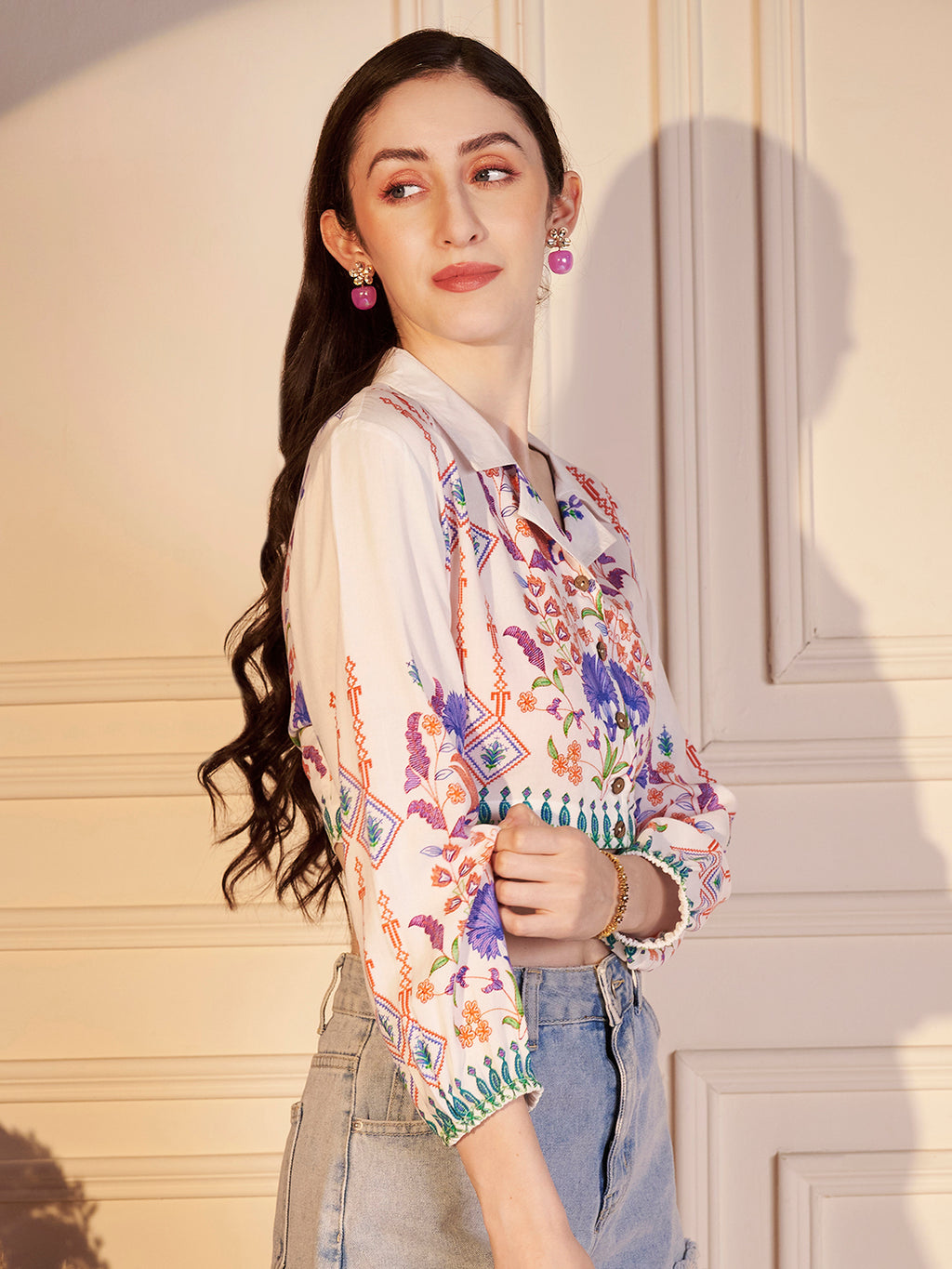🌸 Floral Heritage Printed Viscose Crop Shirt