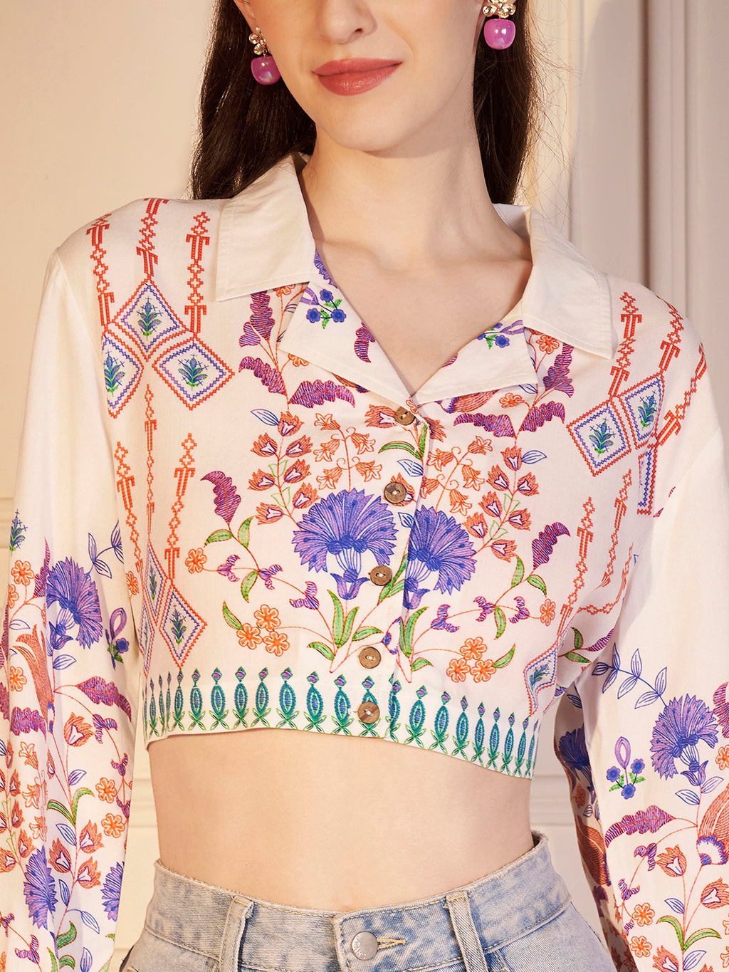 🌸 Floral Heritage Printed Viscose Crop Shirt
