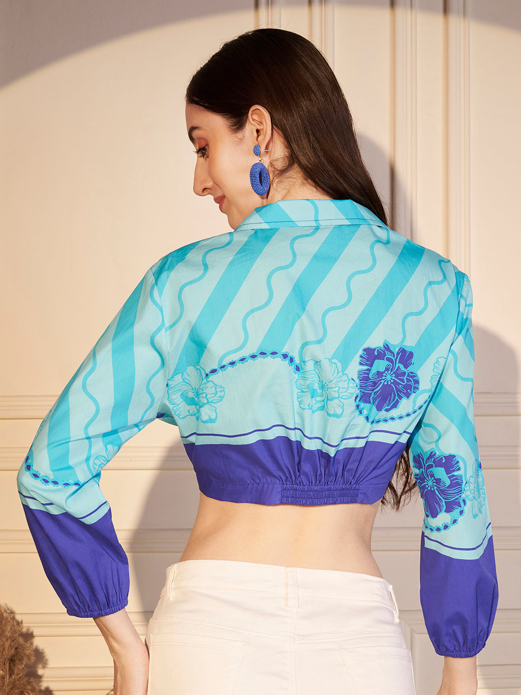 💙 Azure Wave Printed Cotton Crop Shirt