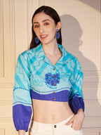 💙 Azure Wave Printed Cotton Crop Shirt