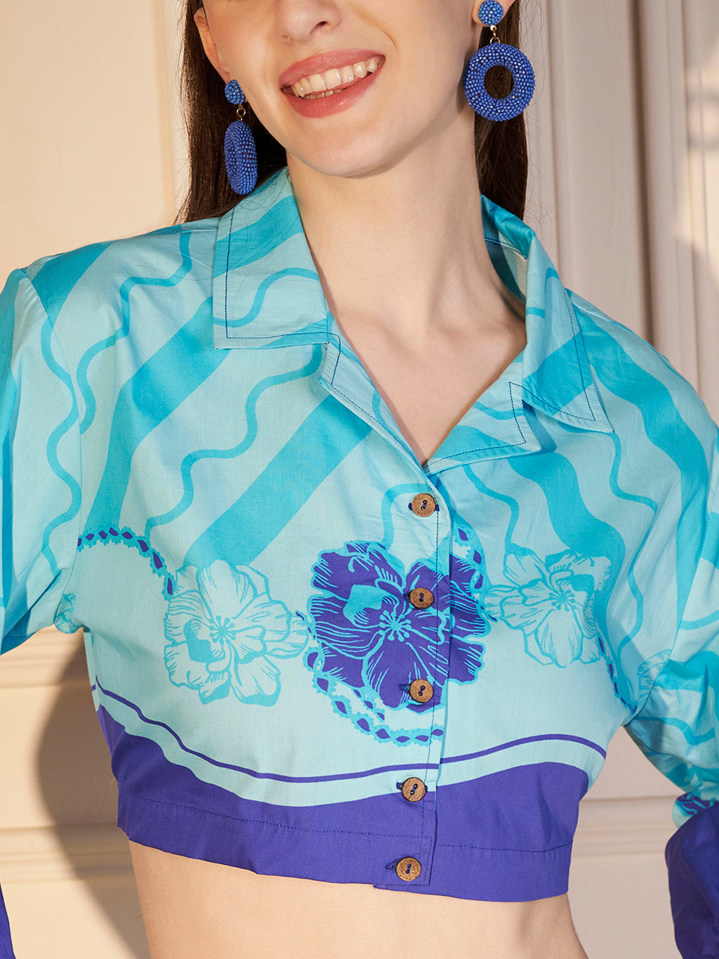 💙 Azure Wave Printed Cotton Crop Shirt