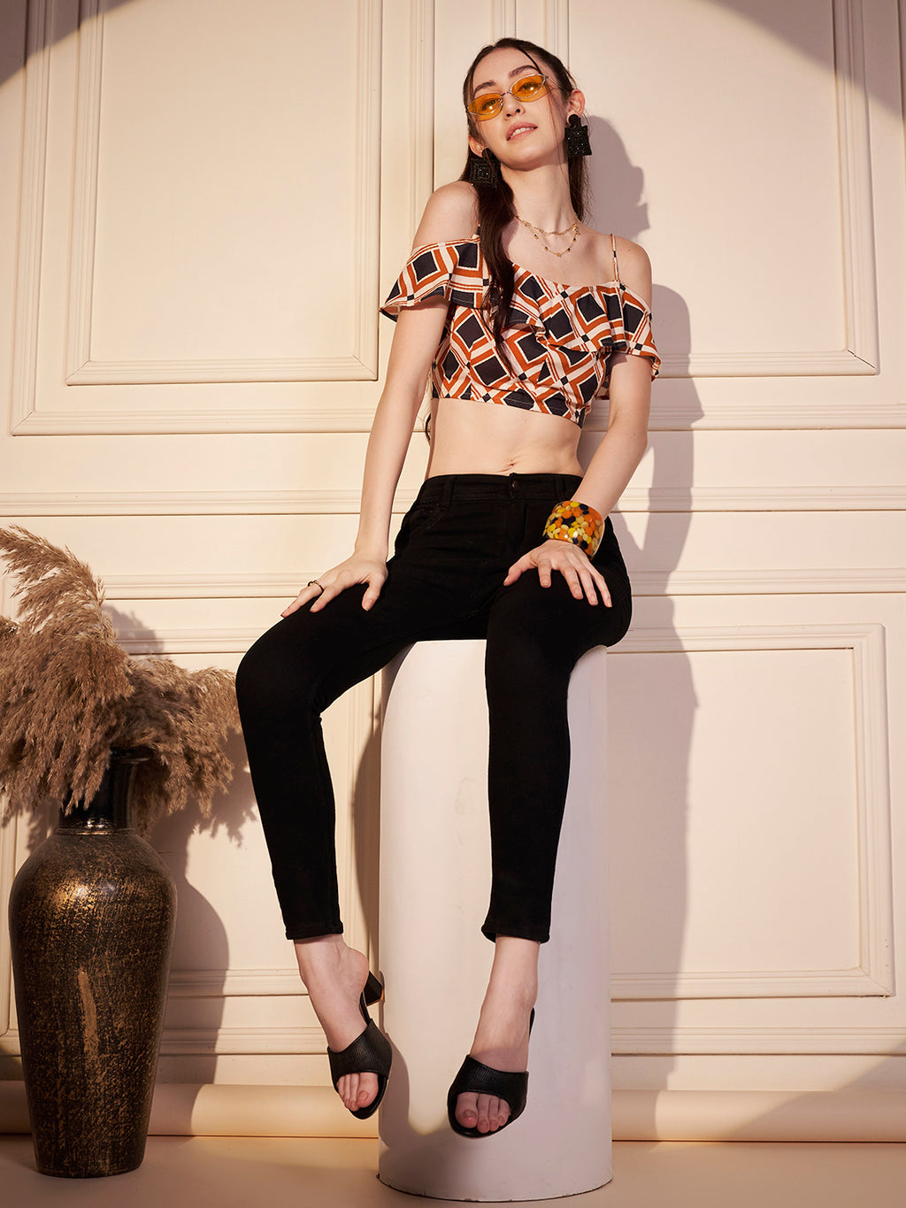 🧡 Retro Grid Printed Viscose Crop Top