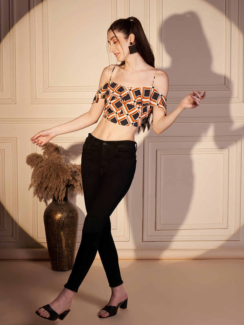 🧡 Retro Grid Printed Viscose Crop Top