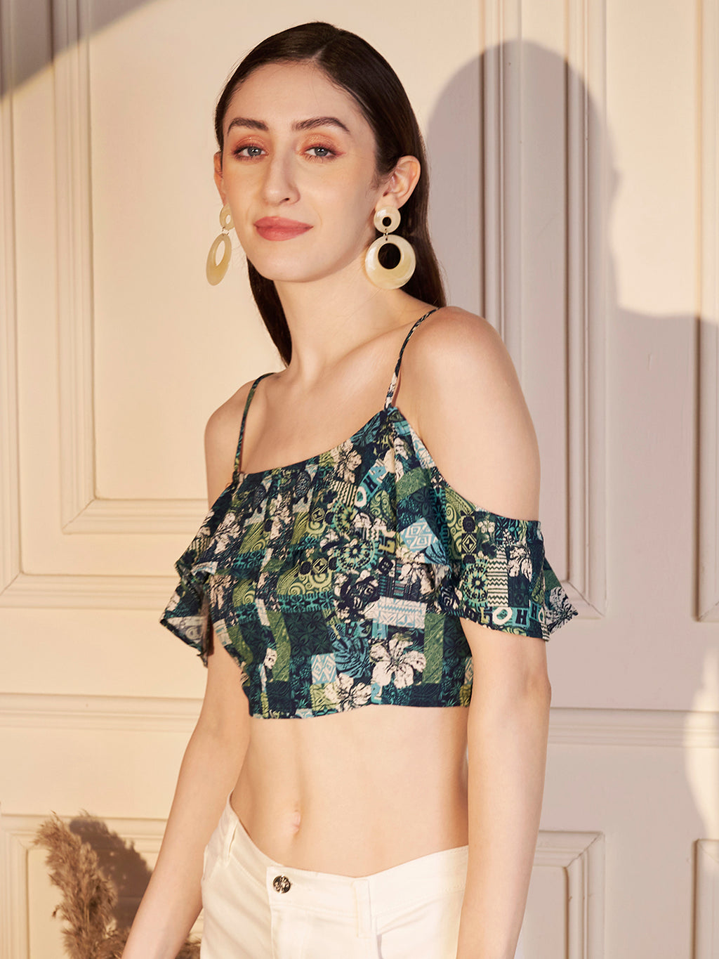 💚 Tropical Patch Printed Viscose Crop Top