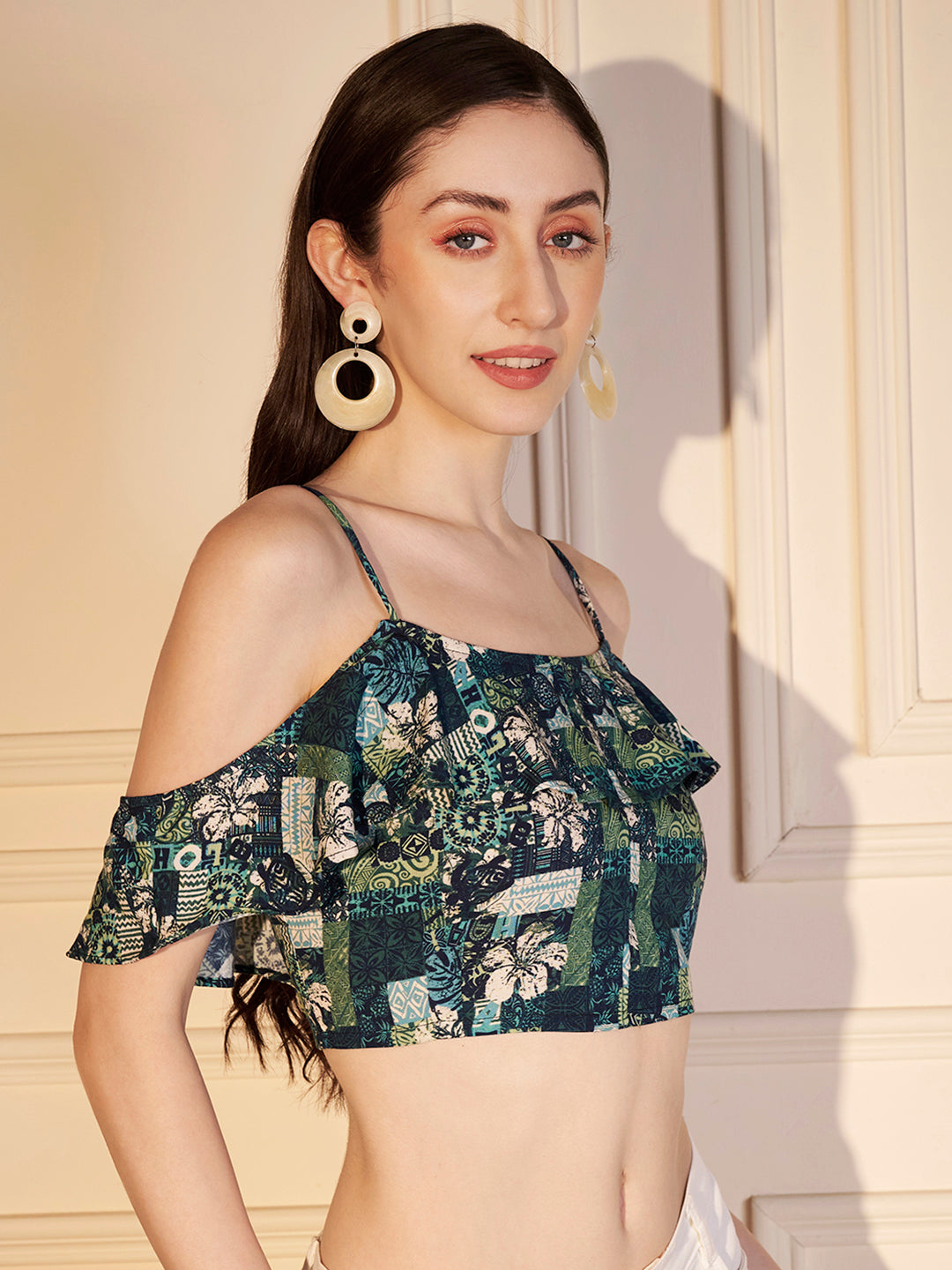 💚 Tropical Patch Printed Viscose Crop Top