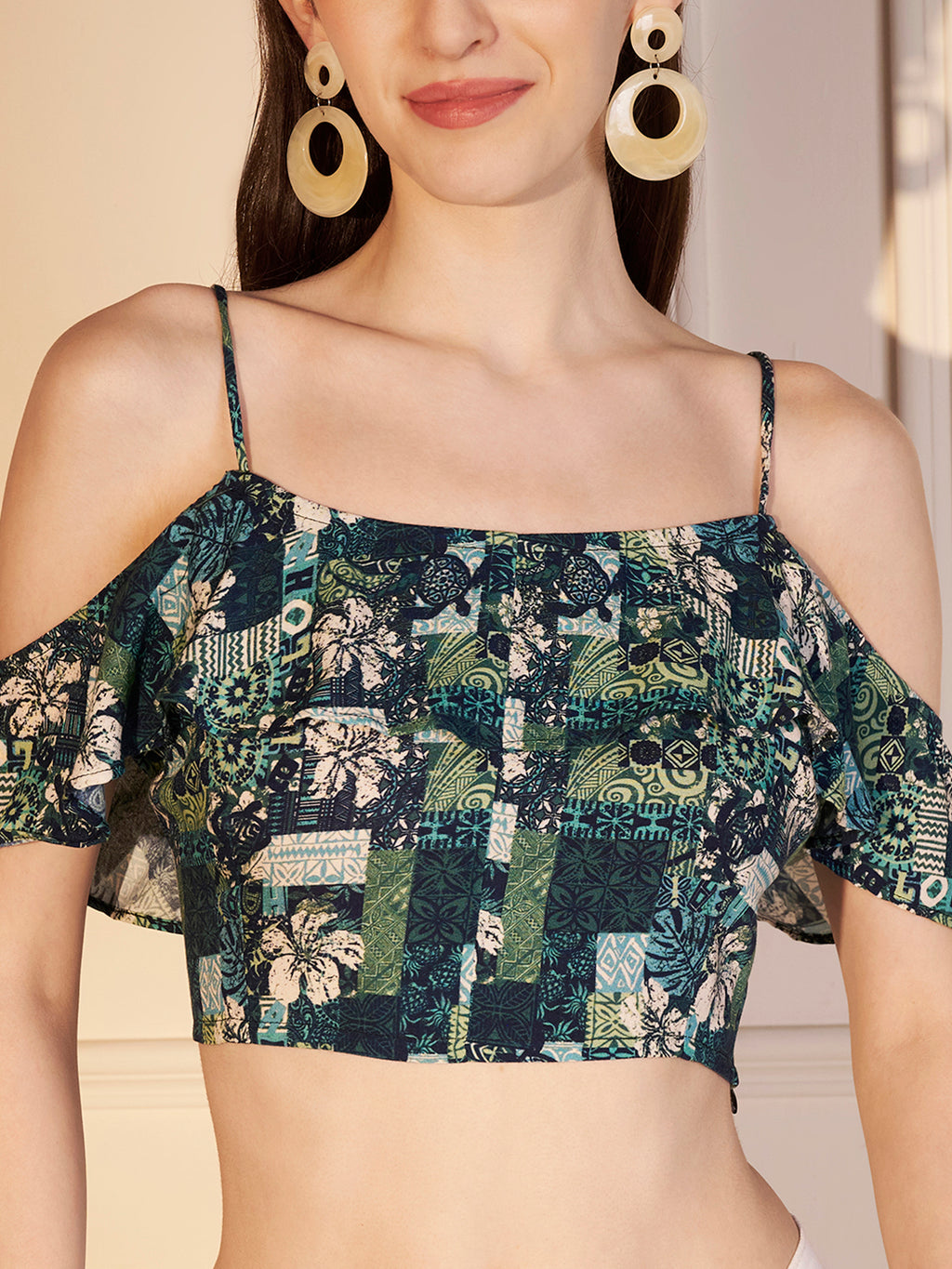 💚 Tropical Patch Printed Viscose Crop Top