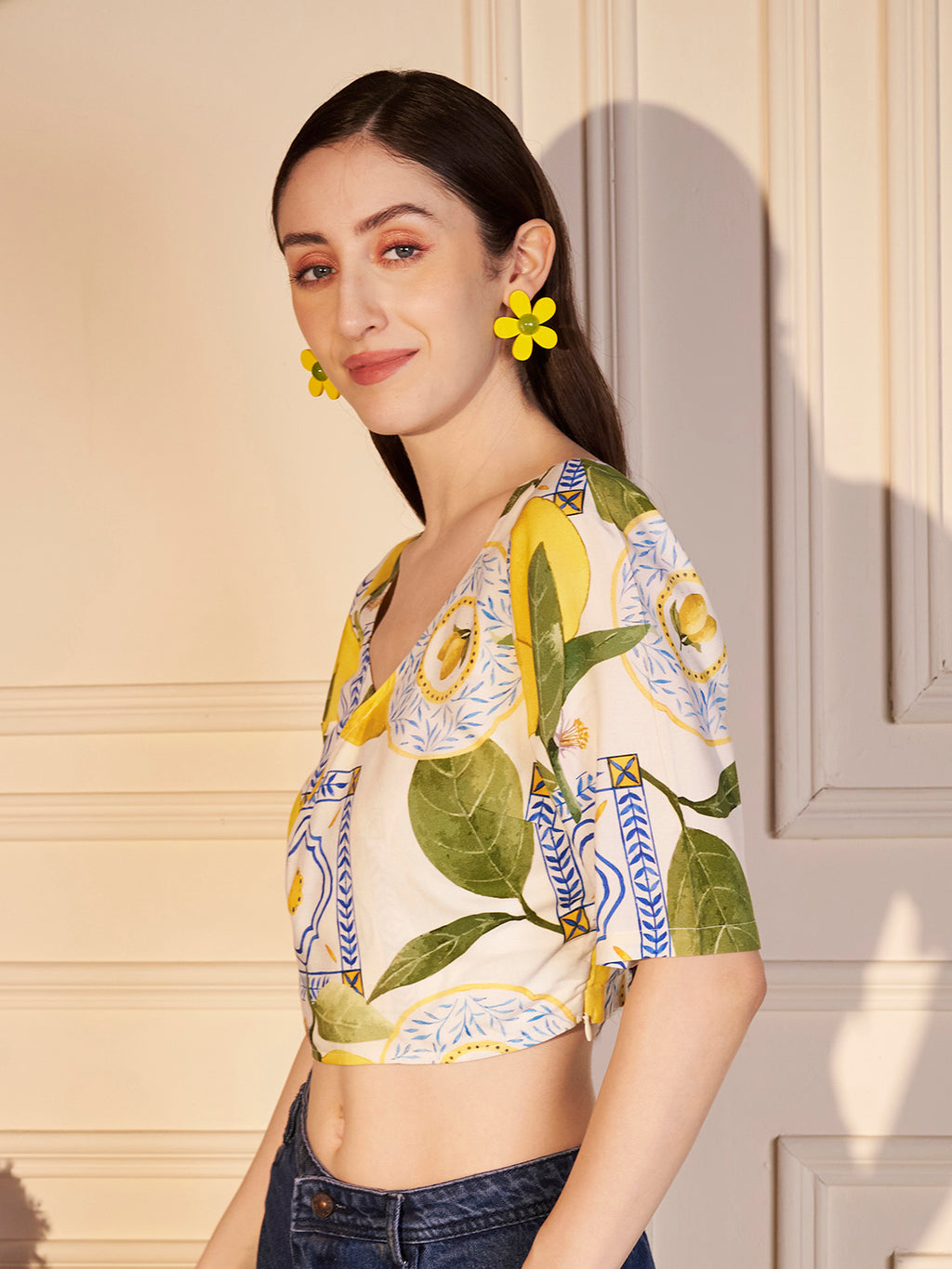 🍋 Lemon Zest Printed Viscose Crop Top