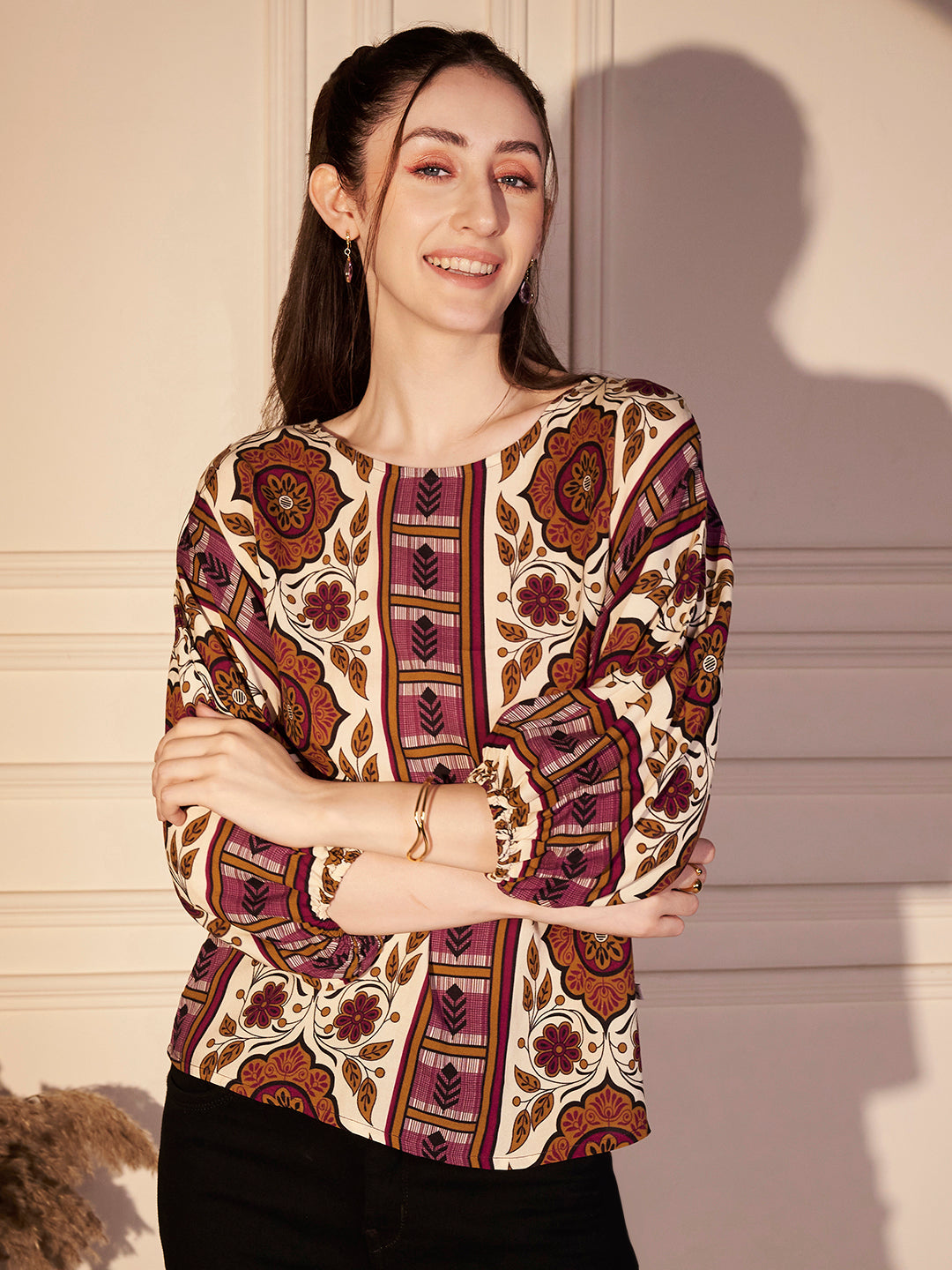Monochrome Leaf Printed Viscose Top