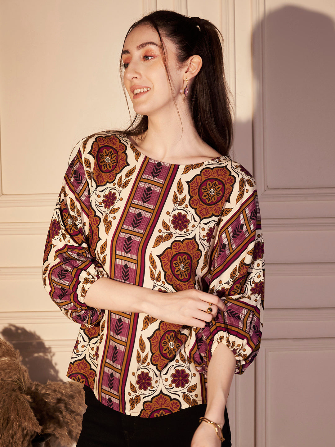 Monochrome Leaf Printed Viscose Top