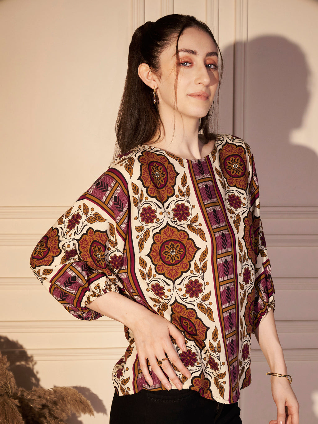 Monochrome Leaf Printed Viscose Top