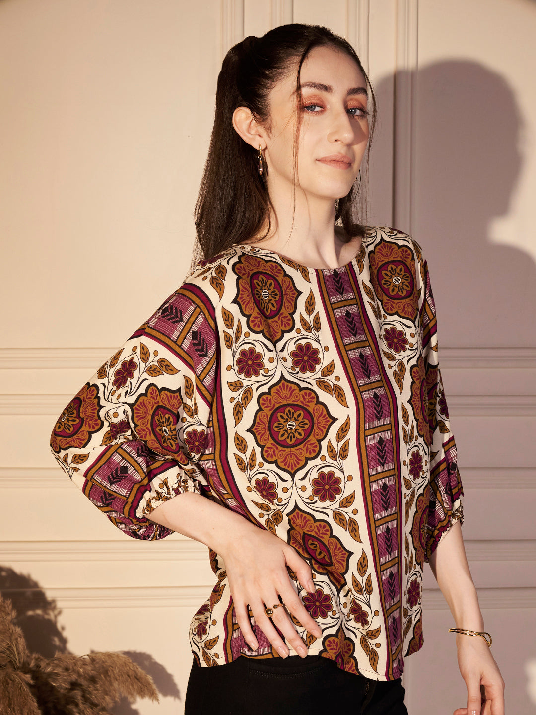 Monochrome Leaf Printed Viscose Top