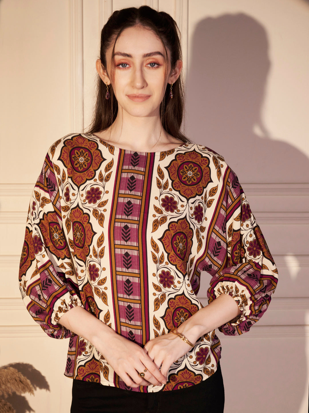 Monochrome Leaf Printed Viscose Top