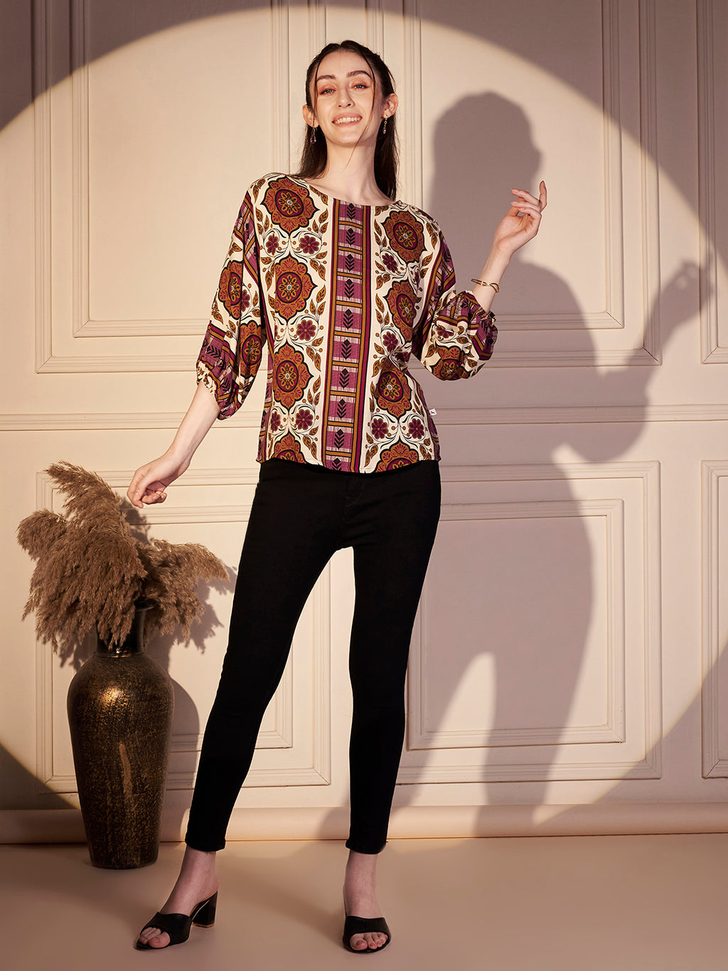 Monochrome Leaf Printed Viscose Top
