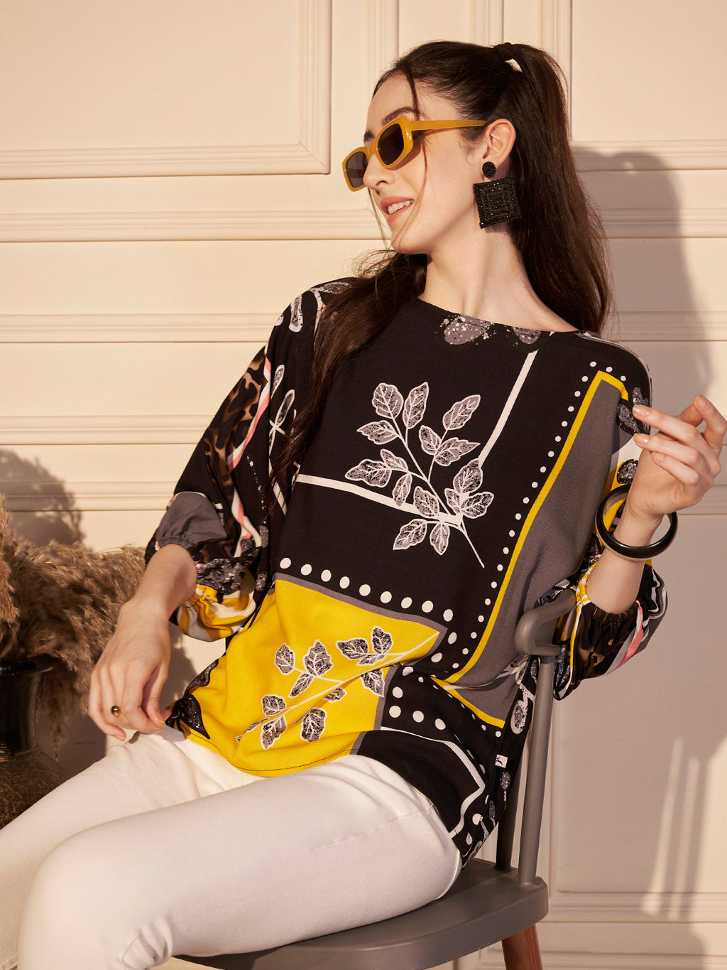 🌼 Monochrome Leaf Printed Viscose Top