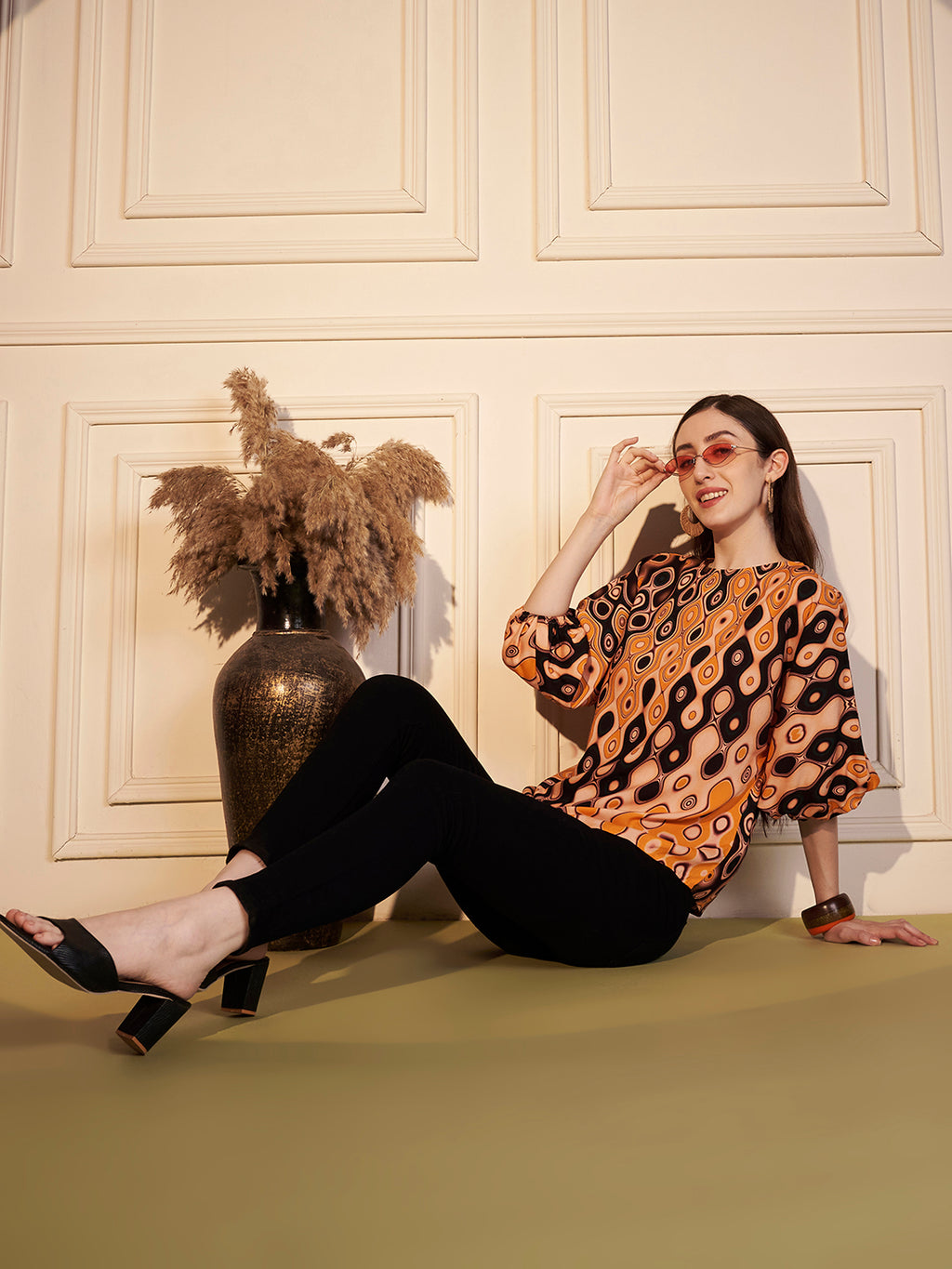 Monochrome Leaf Printed Viscose Top