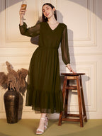 🌿 Olive Grace Poly Georgette Solid Dress