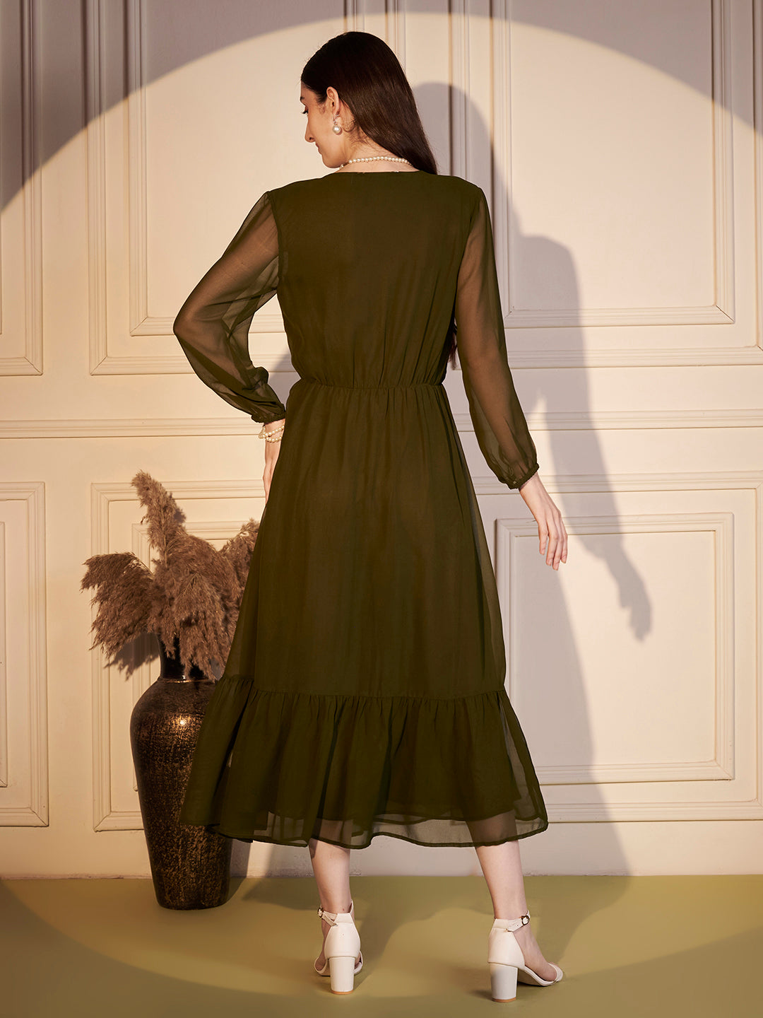 🌿 Olive Grace Poly Georgette Solid Dress