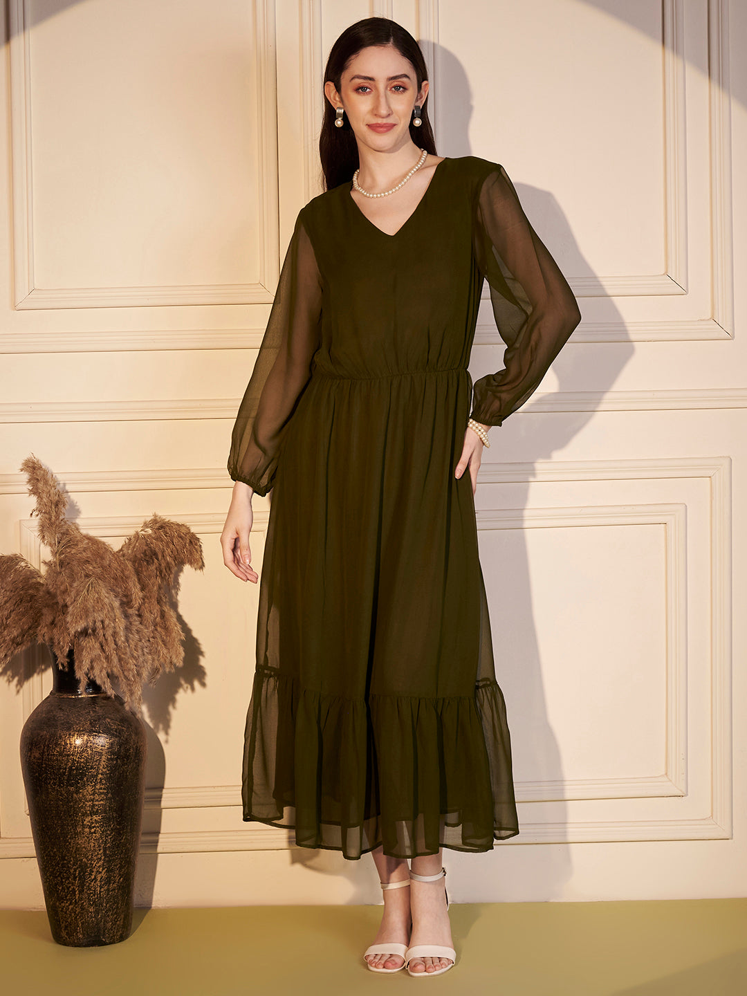 🌿 Olive Grace Poly Georgette Solid Dress