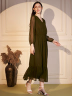 🌿 Olive Grace Poly Georgette Solid Dress