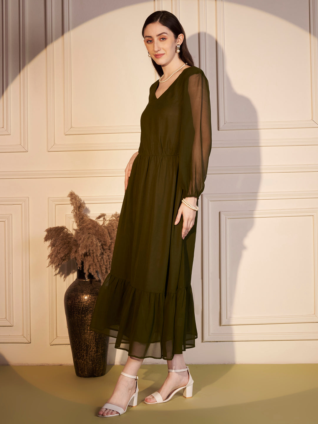 🌿 Olive Grace Poly Georgette Solid Dress