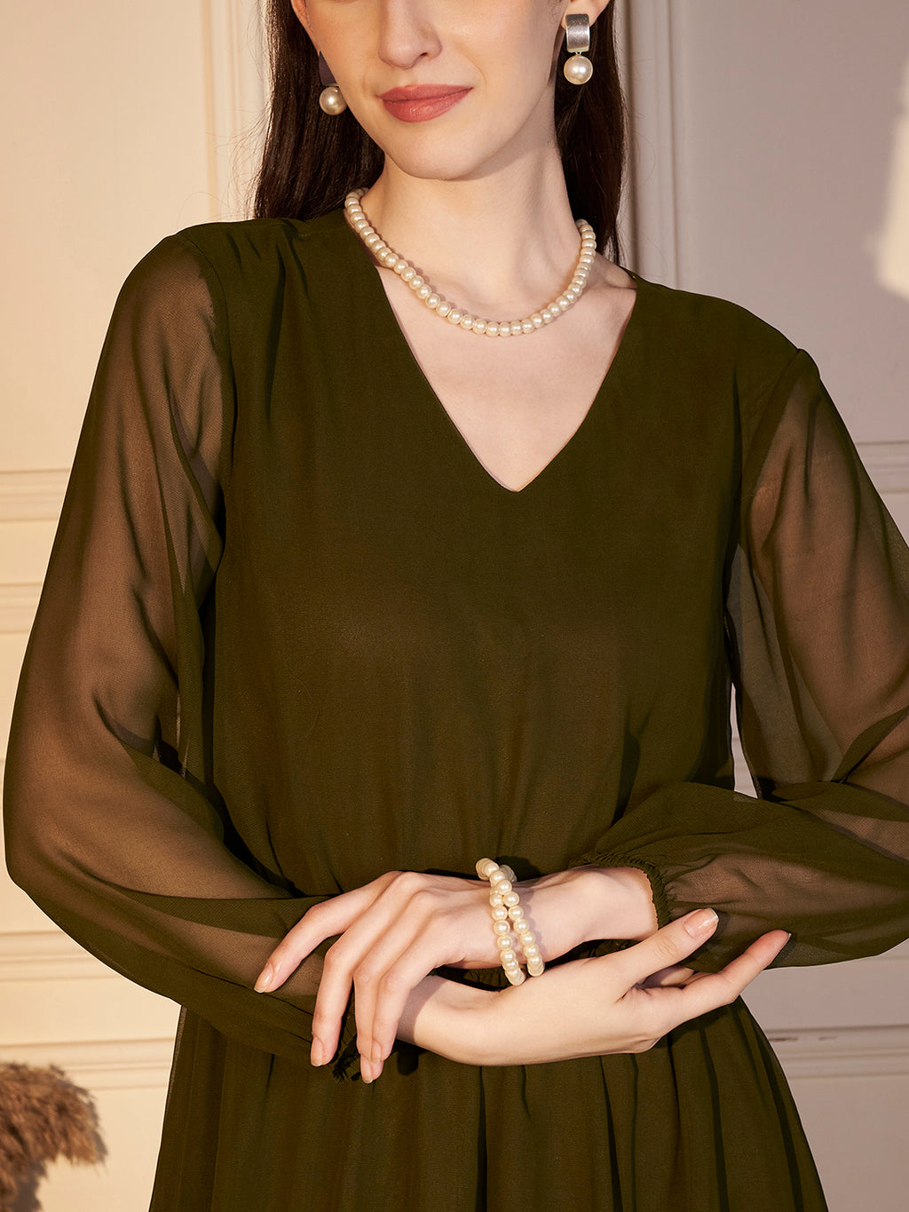 🌿 Olive Grace Poly Georgette Solid Dress