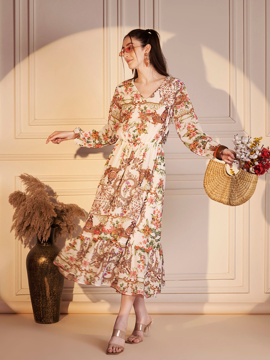 🌸 Vintage Garden Poly Georgette Printed Dress