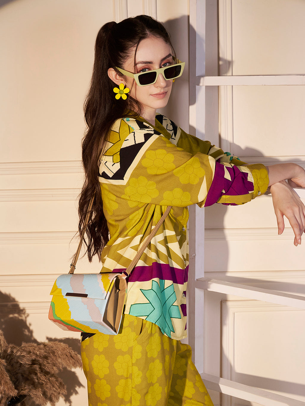 Abstract Geo Print Co-ord Set in Lime & Magenta