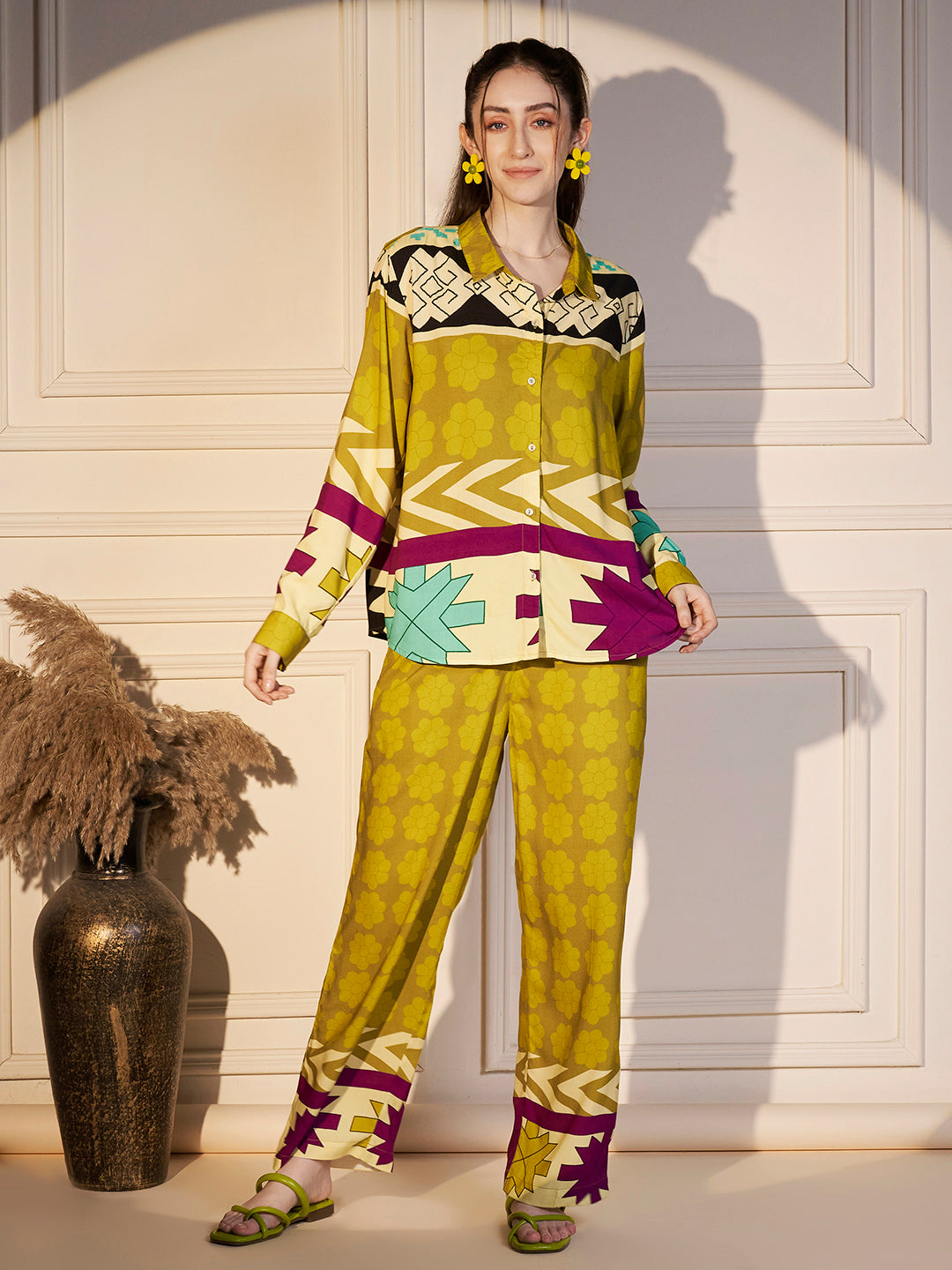 Abstract Geo Print Co-ord Set in Lime & Magenta