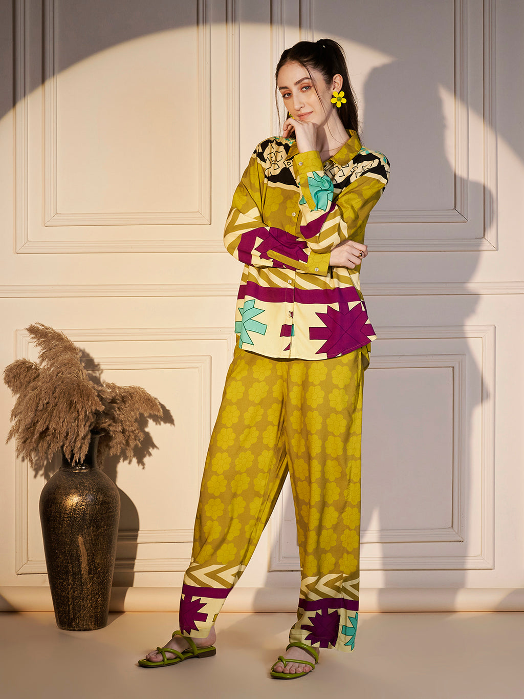 Abstract Geo Print Co-ord Set in Lime & Magenta