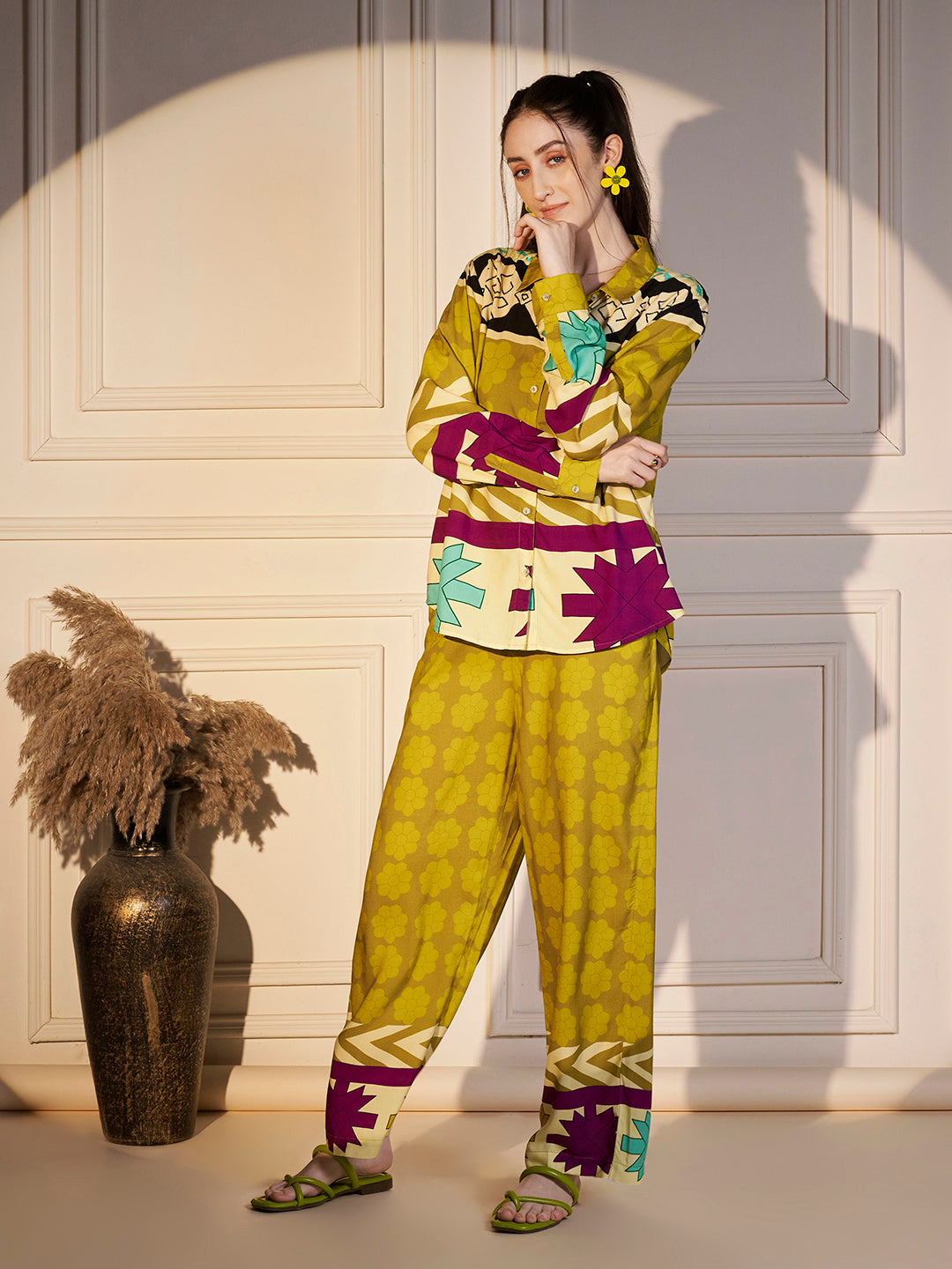 Abstract Geo Print Co-ord Set in Lime & Magenta