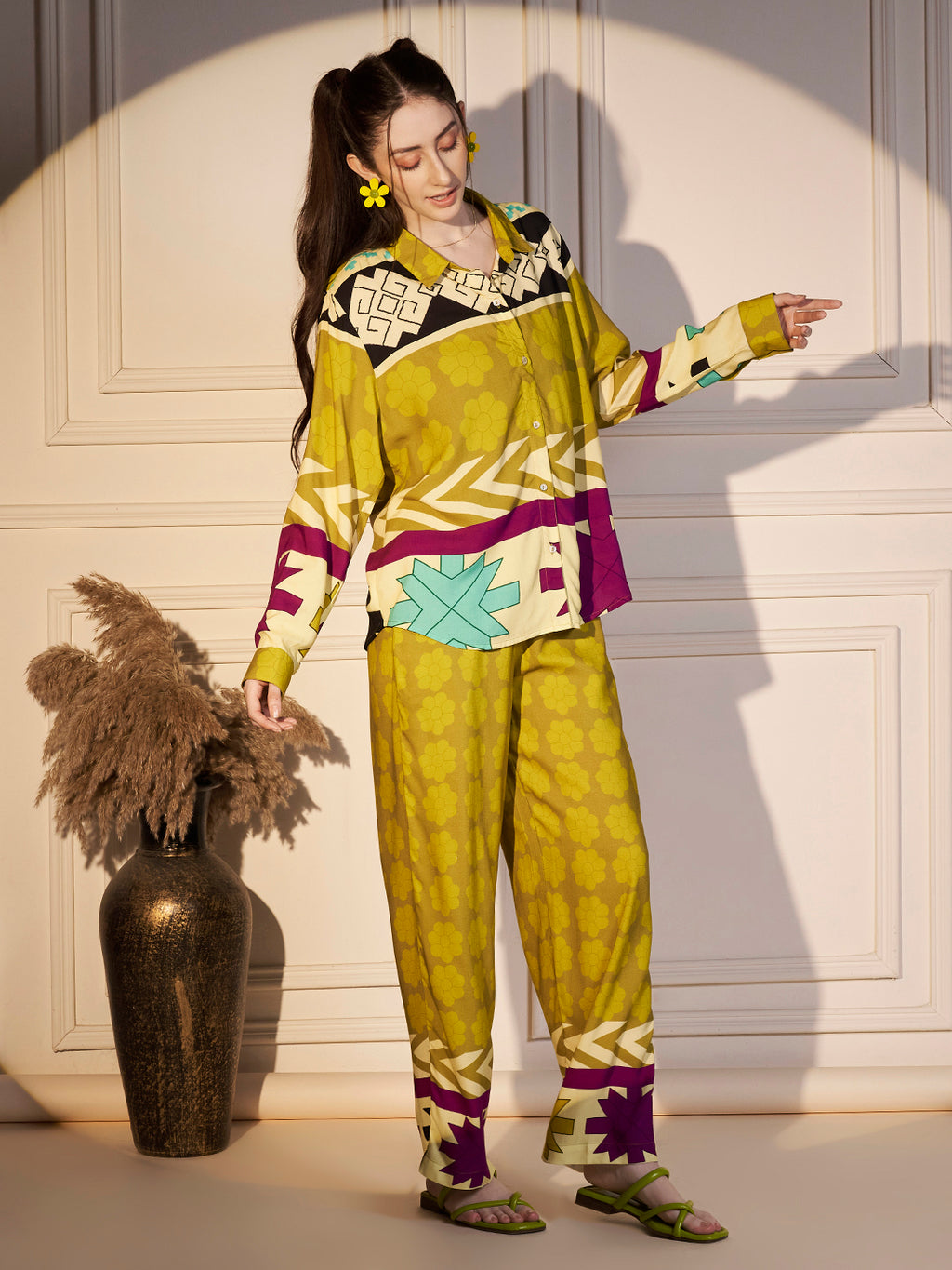 Abstract Geo Print Co-ord Set in Lime & Magenta