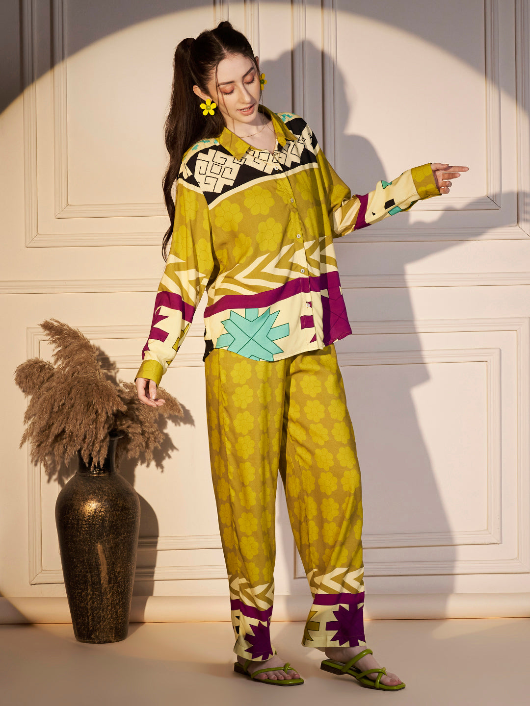 Abstract Geo Print Co-ord Set in Lime & Magenta