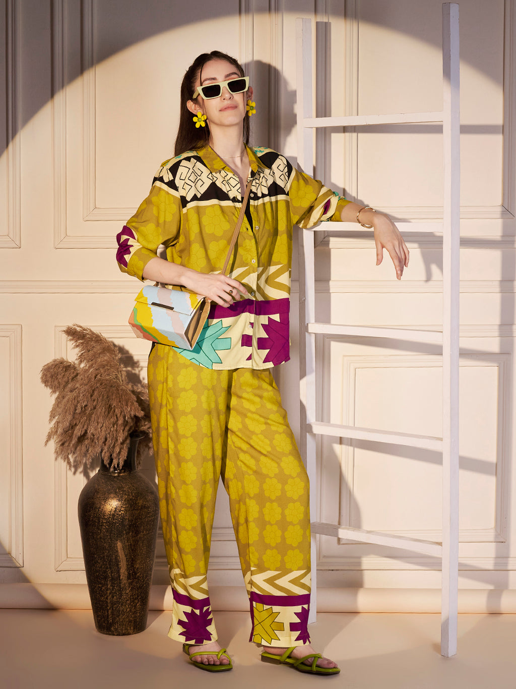 Abstract Geo Print Co-ord Set in Lime & Magenta